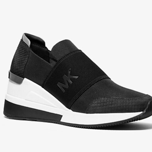 Michael Kors Felix Canvas and Snake-Embossed Nubuck Trainer Wedge Sneakers - Picture 1 of 10